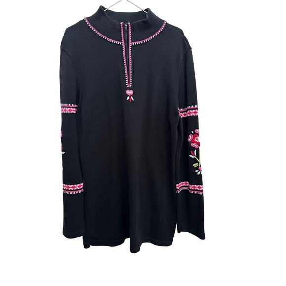 Hanna Andersson Black Floral Embroidered Quarter-Zip Tunic Sweater Size Medium - Picture 1 of 10